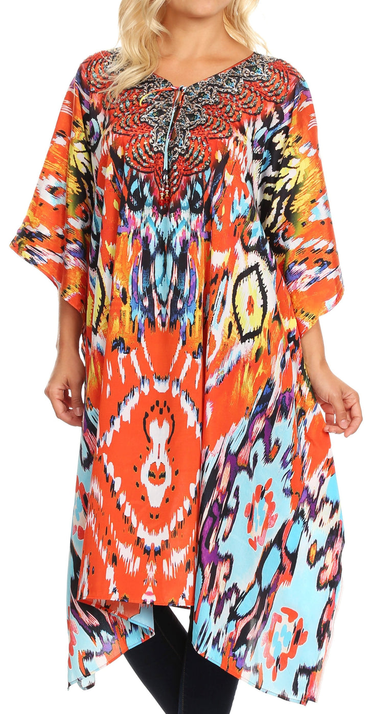 Sakkas Jenni Women's Mid Length Boho Caftan Kaftan Dress Cover up Flowy Rhinestone