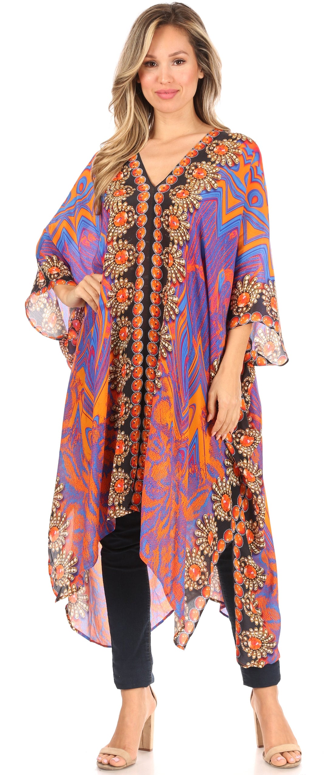 Sakkas Alvita Women's V Neck Beach Dress Top Caftan Cover up with Rhinestones