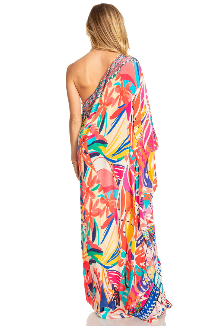 Sakkas Dora Women's One Shoulder Short Sleeve Casual Elegant Maxi Dress with Print