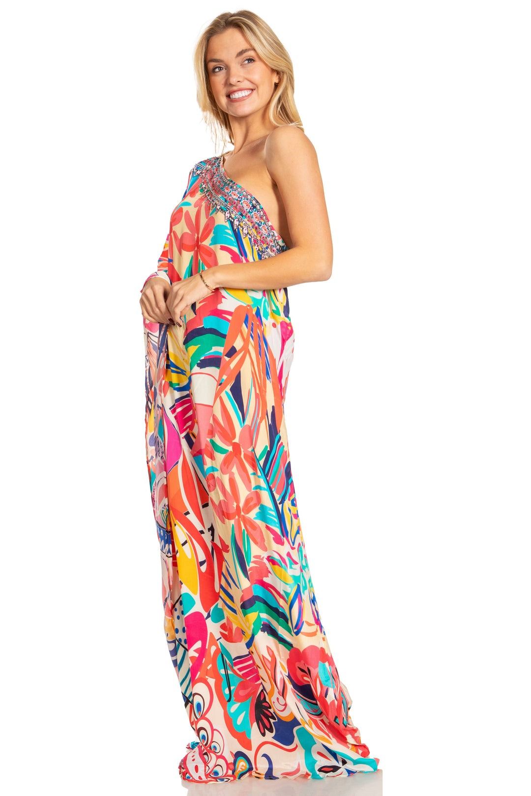 Sakkas Dora Women's One Shoulder Short Sleeve Casual Elegant Maxi Dress with Print