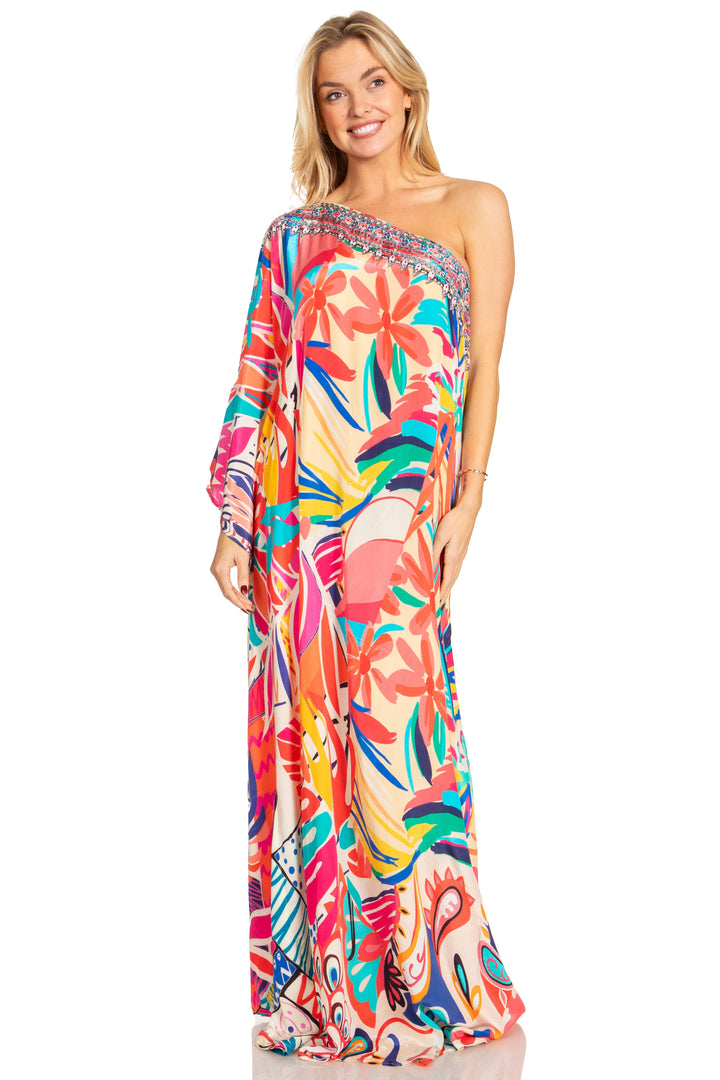 Sakkas Dora Women's One Shoulder Short Sleeve Casual Elegant Maxi Dress with Print