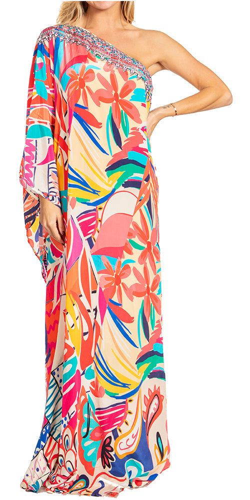 Sakkas Dora Women's One Shoulder Short Sleeve Casual Elegant Maxi Dress with Print