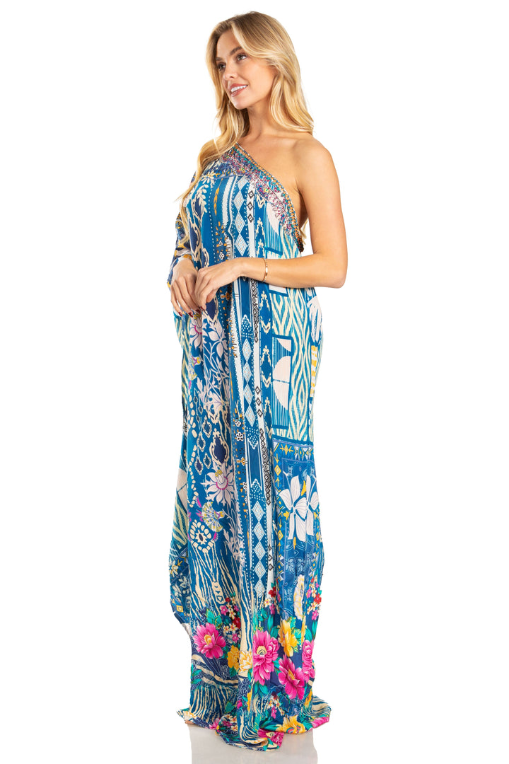 Sakkas Dora Women's One Shoulder Short Sleeve Casual Elegant Maxi Dress with Print