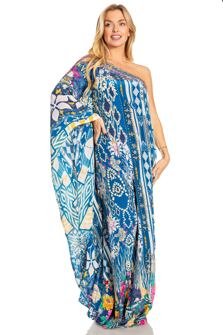 Sakkas Dora Women's One Shoulder Short Sleeve Casual Elegant Maxi Dress with Print