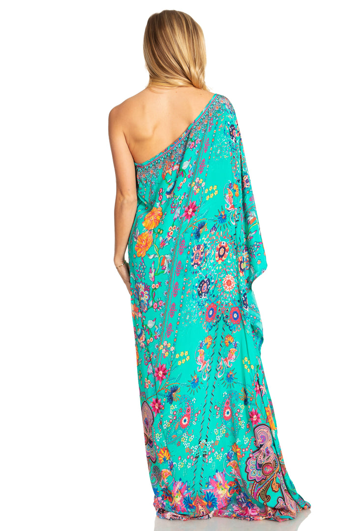 Sakkas Dora Women's One Shoulder Short Sleeve Casual Elegant Maxi Dress with Print