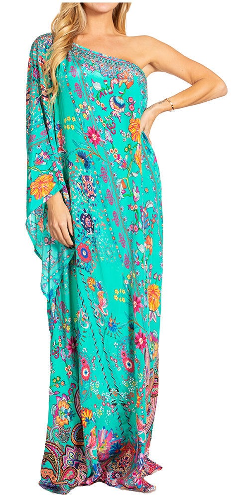 Sakkas Dora Women's One Shoulder Short Sleeve Casual Elegant Maxi Dress with Print