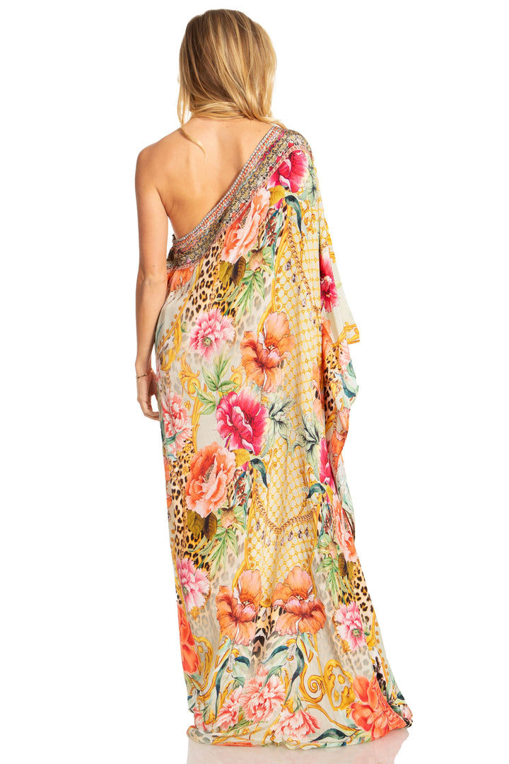 Sakkas Dora Women's One Shoulder Short Sleeve Casual Elegant Maxi Dress with Print