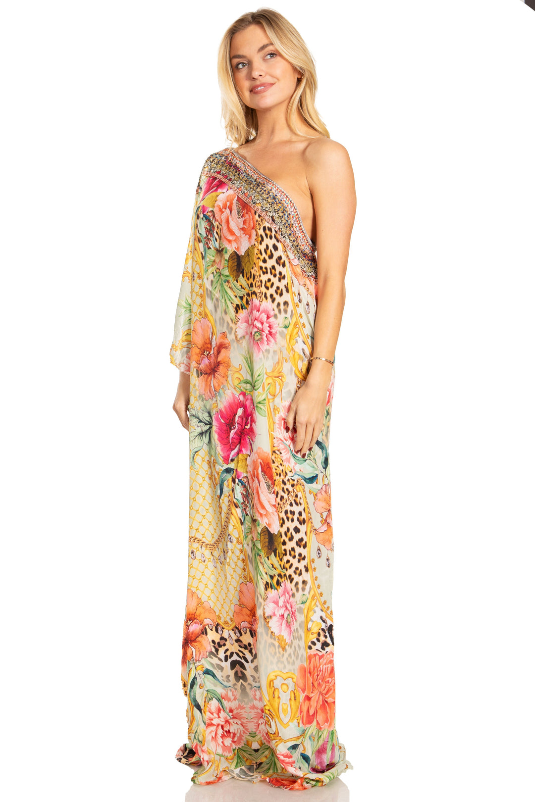 Sakkas Dora Women's One Shoulder Short Sleeve Casual Elegant Maxi Dress with Print