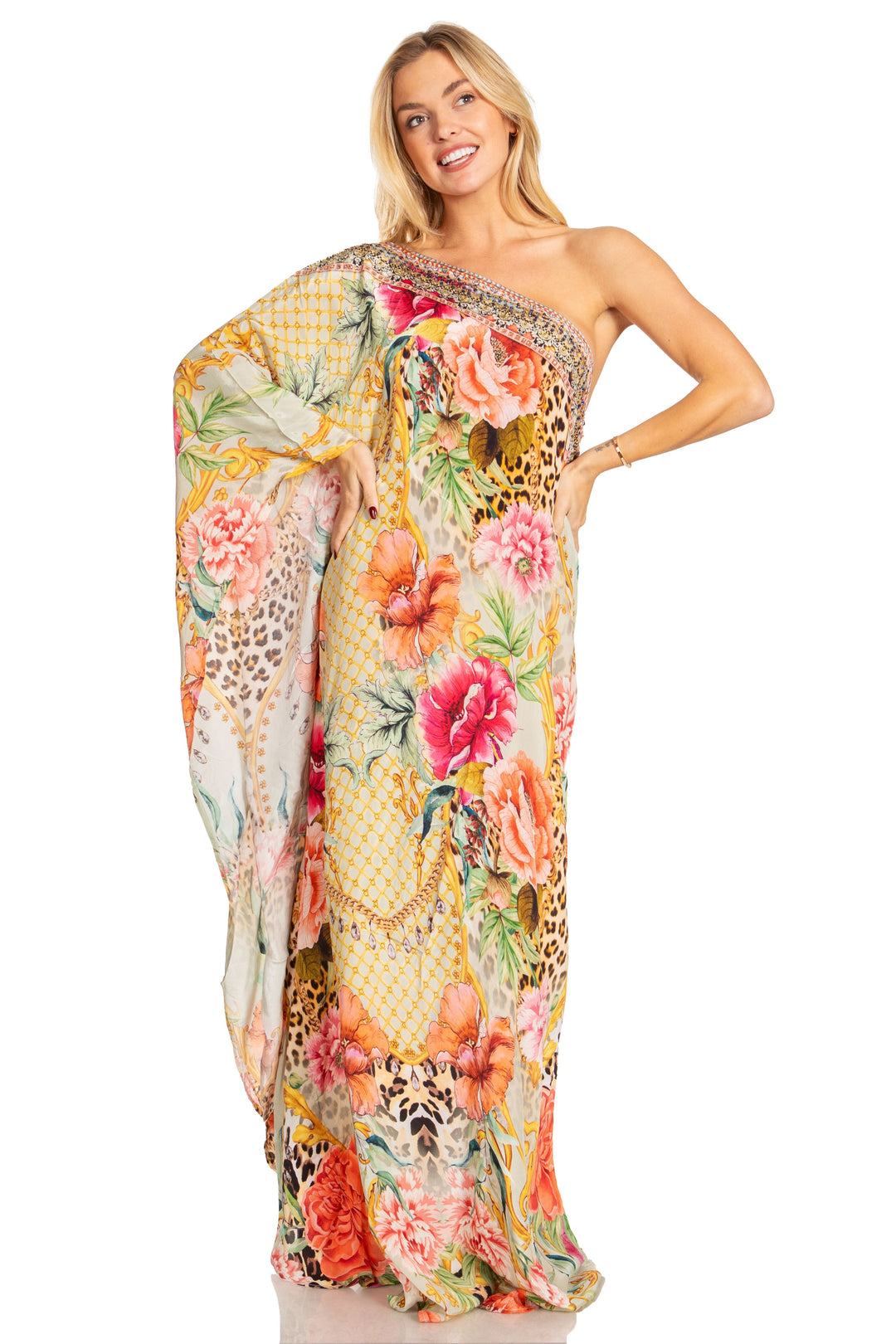 Sakkas Dora Women's One Shoulder Short Sleeve Casual Elegant Maxi Dress with Print