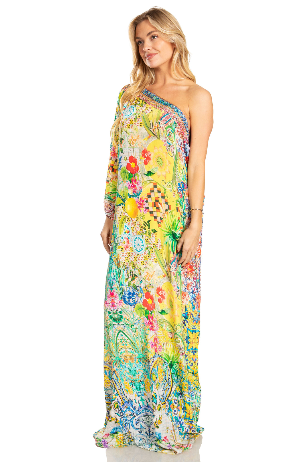 Sakkas Dora Women's One Shoulder Short Sleeve Casual Elegant Maxi Dress with Print