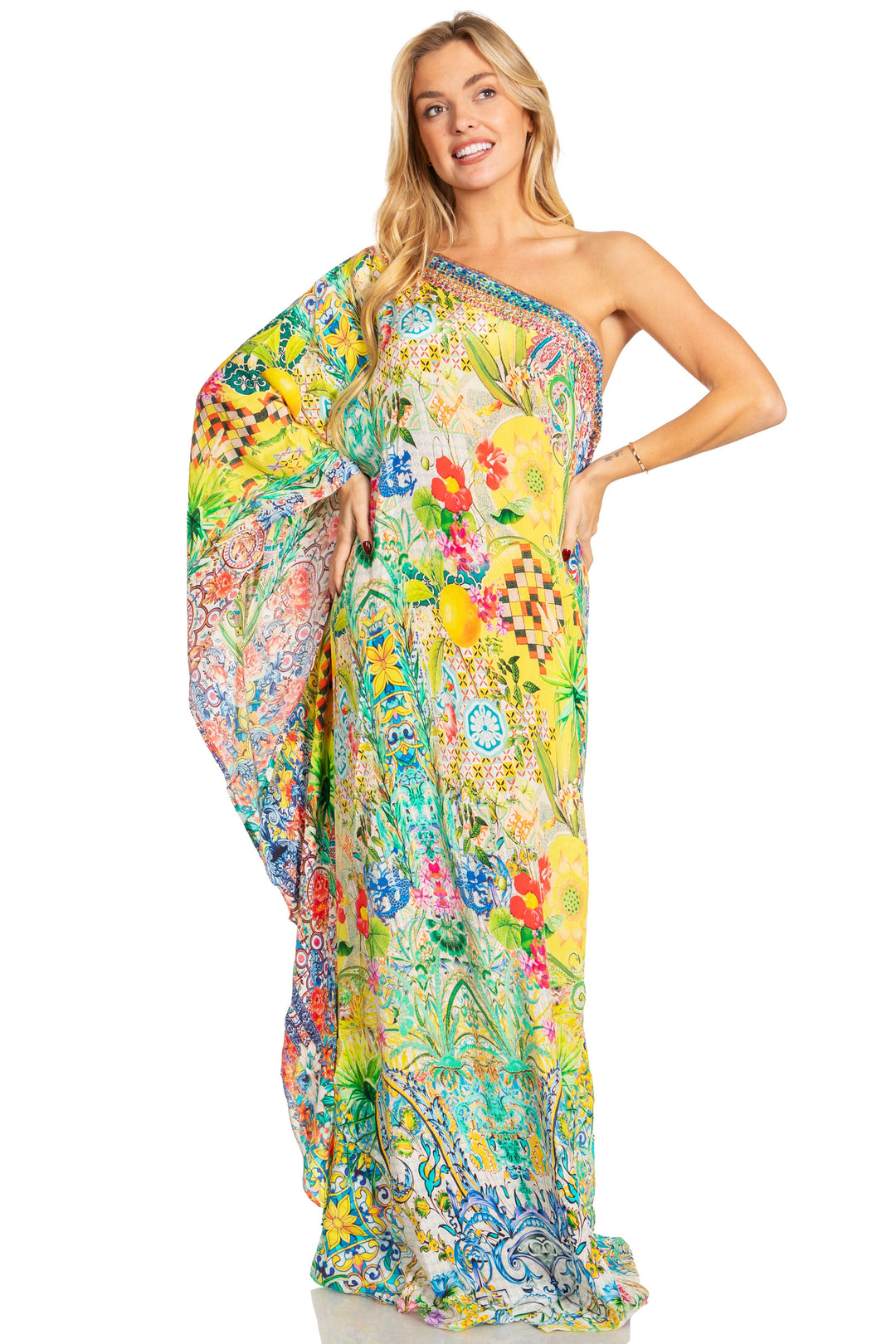 Sakkas Dora Women's One Shoulder Short Sleeve Casual Elegant Maxi Dress with Print