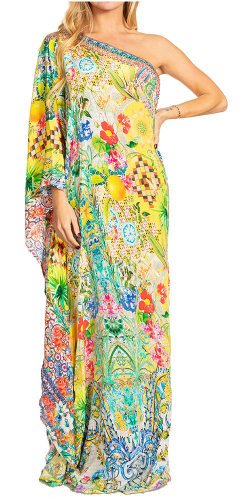 Sakkas Dora Women's One Shoulder Short Sleeve Casual Elegant Maxi Dress with Print