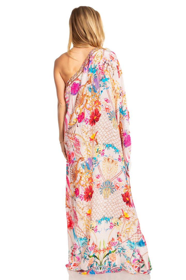 Sakkas Dora Women's One Shoulder Short Sleeve Casual Elegant Maxi Dress with Print