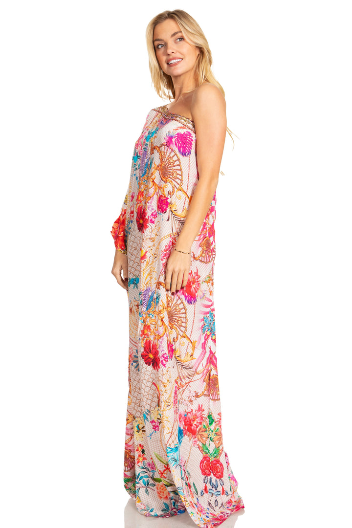 Sakkas Dora Women's One Shoulder Short Sleeve Casual Elegant Maxi Dress with Print