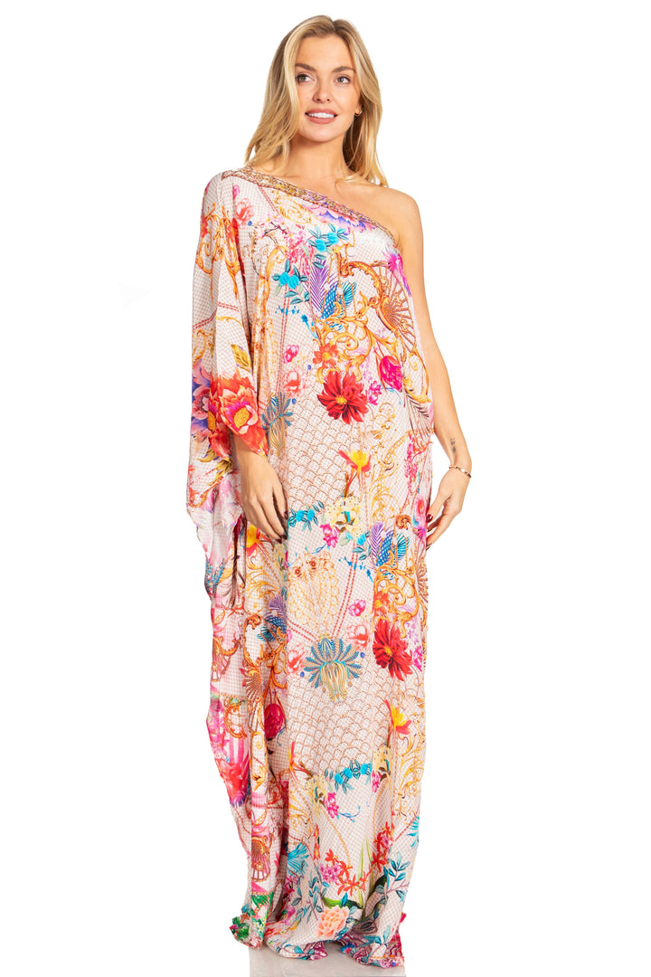 Sakkas Dora Women's One Shoulder Short Sleeve Casual Elegant Maxi Dress with Print