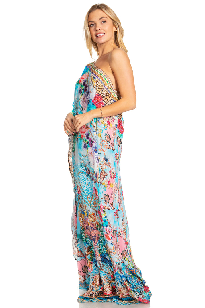 Sakkas Dora Women's One Shoulder Short Sleeve Casual Elegant Maxi Dress with Print