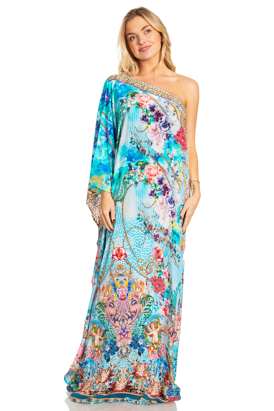 Sakkas Dora Women's One Shoulder Short Sleeve Casual Elegant Maxi Dress with Print