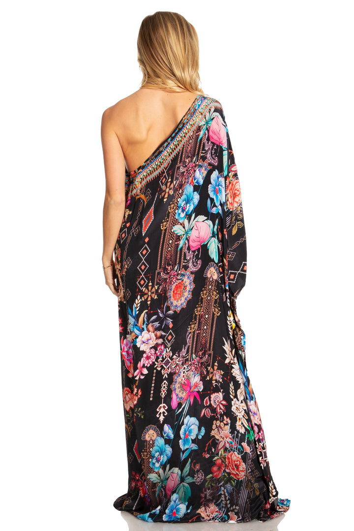 Sakkas Dora Women's One Shoulder Short Sleeve Casual Elegant Maxi Dress with Print