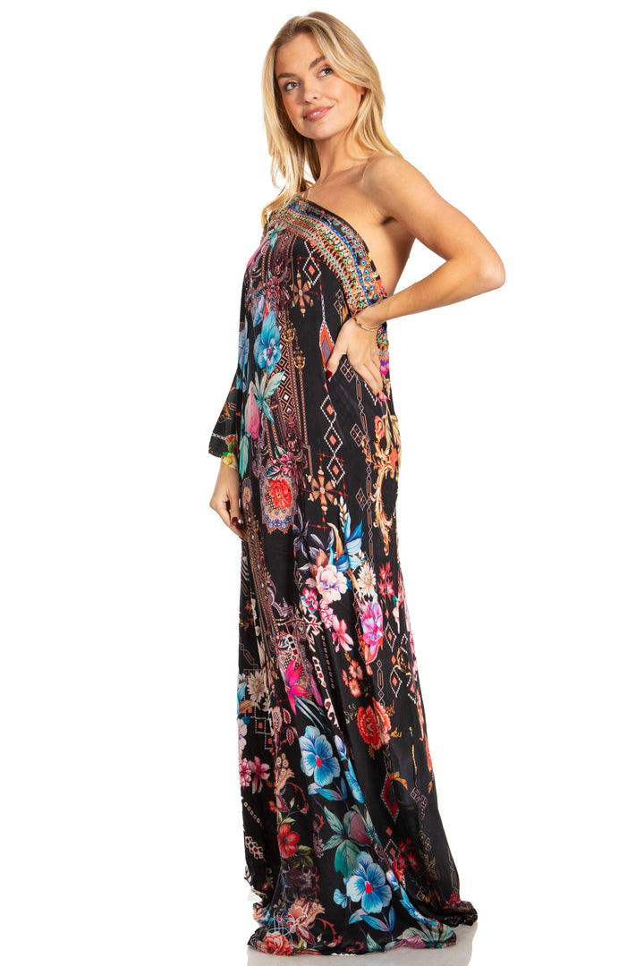 Sakkas Dora Women's One Shoulder Short Sleeve Casual Elegant Maxi Dress with Print