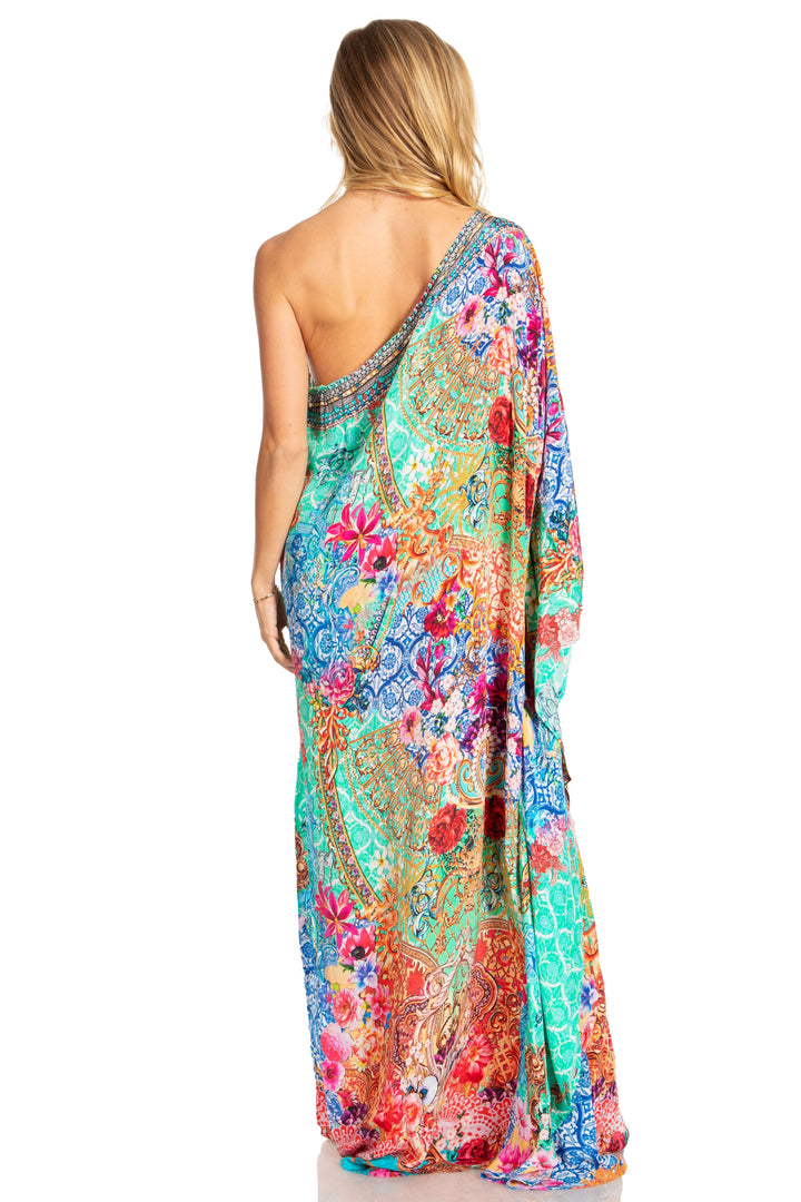 Sakkas Dora Women's One Shoulder Short Sleeve Casual Elegant Maxi Dress with Print