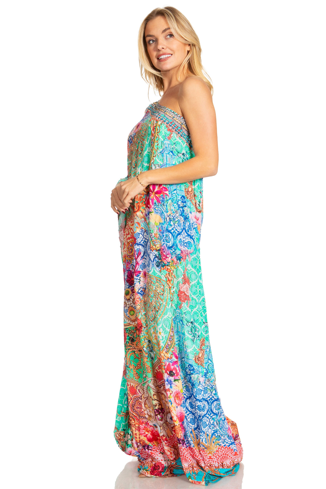 Sakkas Dora Women's One Shoulder Short Sleeve Casual Elegant Maxi Dress with Print