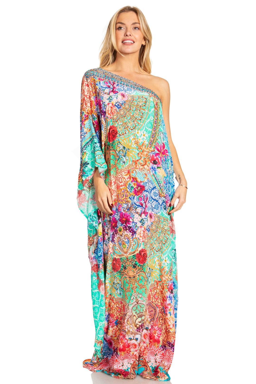 Sakkas Dora Women's One Shoulder Short Sleeve Casual Elegant Maxi Dress with Print