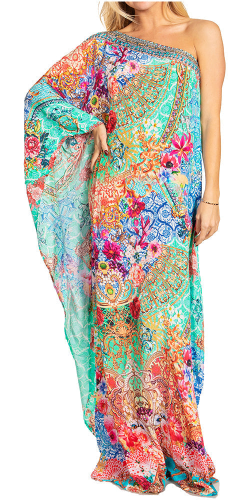 Sakkas Dora Women's One Shoulder Short Sleeve Casual Elegant Maxi Dress with Print