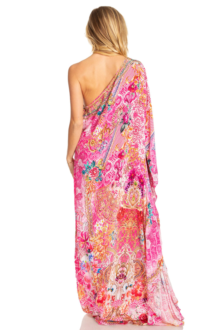 Sakkas Dora Women's One Shoulder Short Sleeve Casual Elegant Maxi Dress with Print