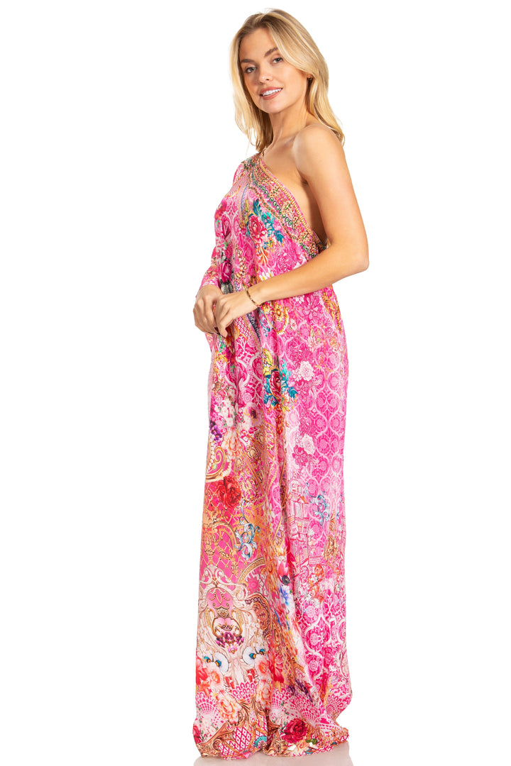 Sakkas Dora Women's One Shoulder Short Sleeve Casual Elegant Maxi Dress with Print