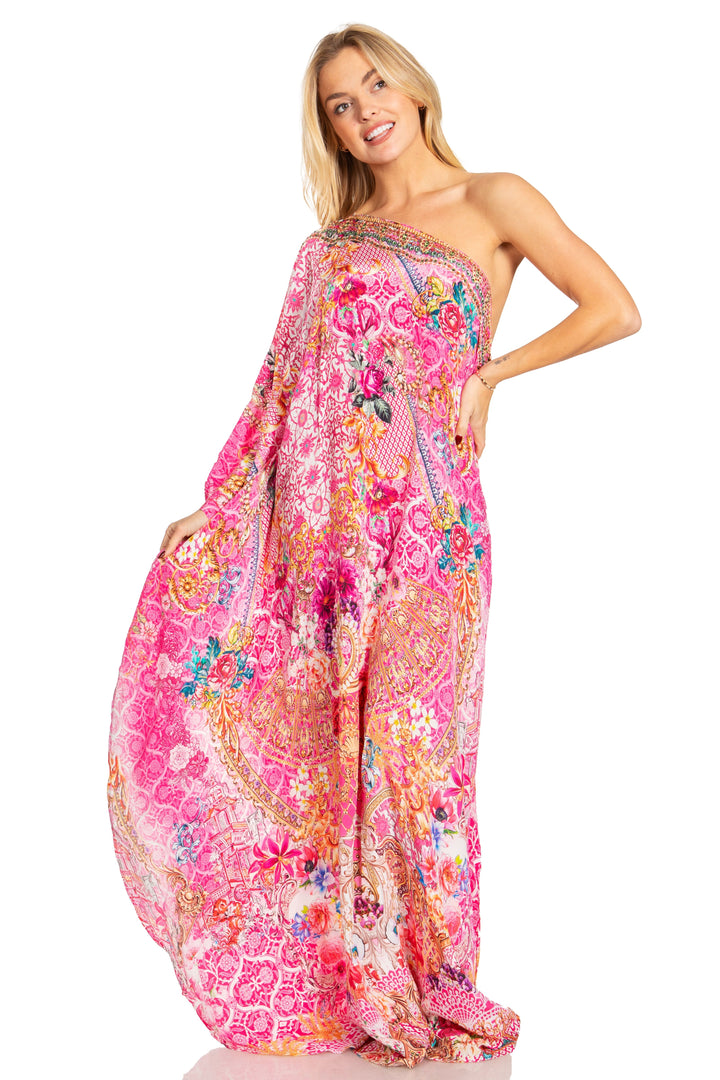 Sakkas Dora Women's One Shoulder Short Sleeve Casual Elegant Maxi Dress with Print