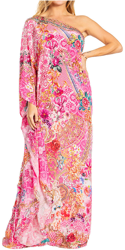 Sakkas Dora Women's One Shoulder Short Sleeve Casual Elegant Maxi Dress with Print