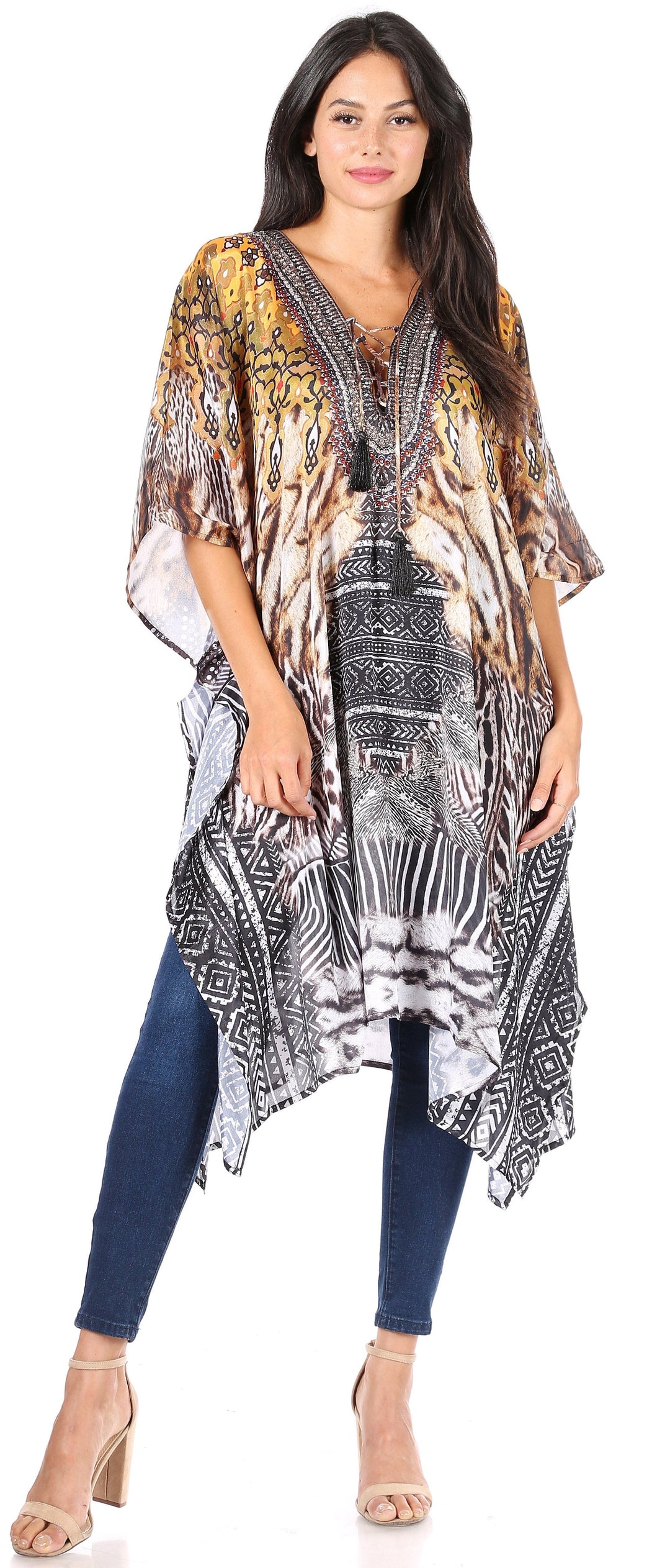 Sakkas Zeni Women's Short sleeve V-neck Summer Floral Print Caftan Dress Cover-up