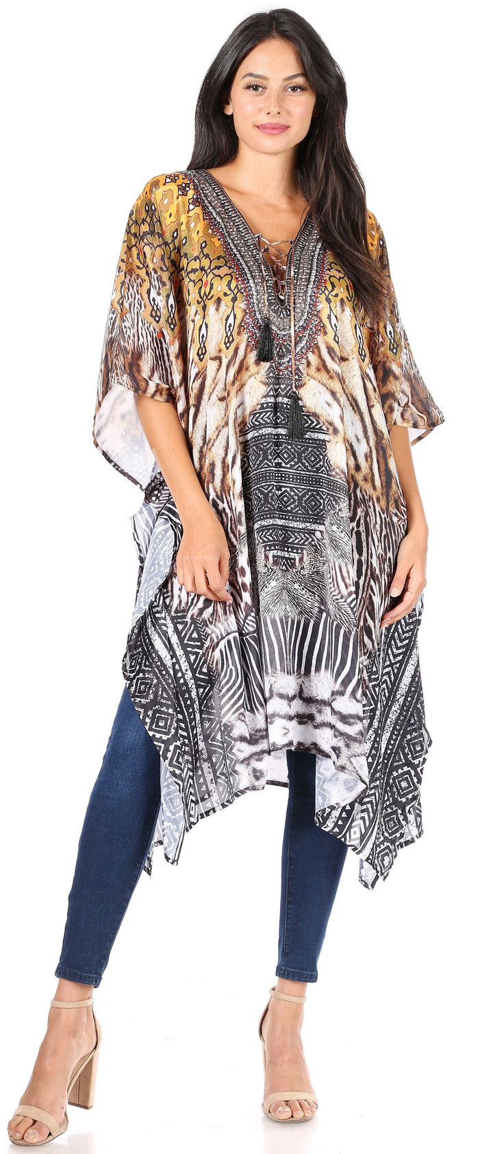 Sakkas Zeni Women's Short sleeve V-neck Summer Floral Print Caftan Dress Cover-up