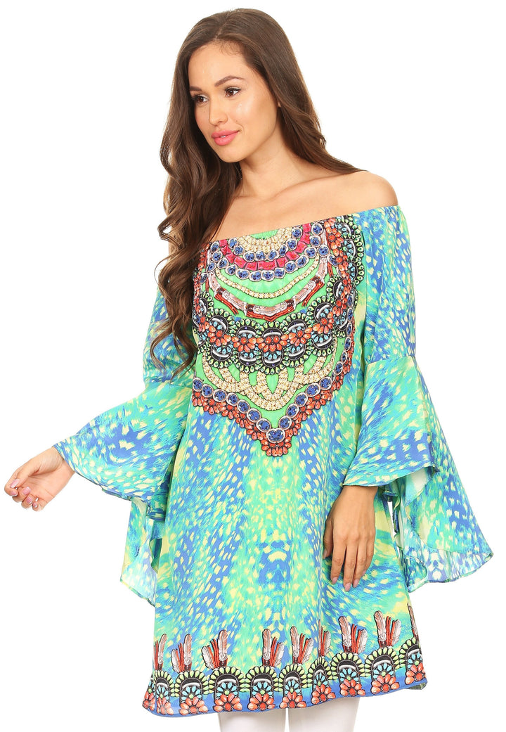 Sakkas Inna Colorful Shift Dress Tunic with Bell Ruffled Sleeves & Rhinestones