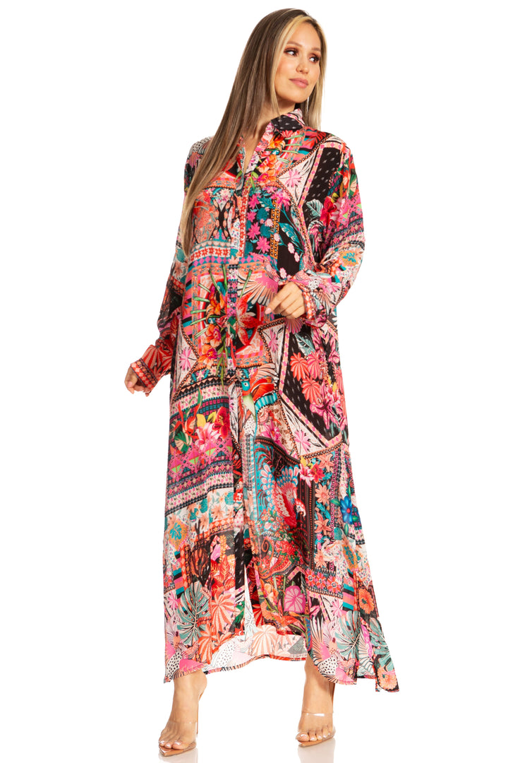 Sakkas Womens Long Sleeves Button Down Spring/Summer Maxi Shirt dress/Beachwear