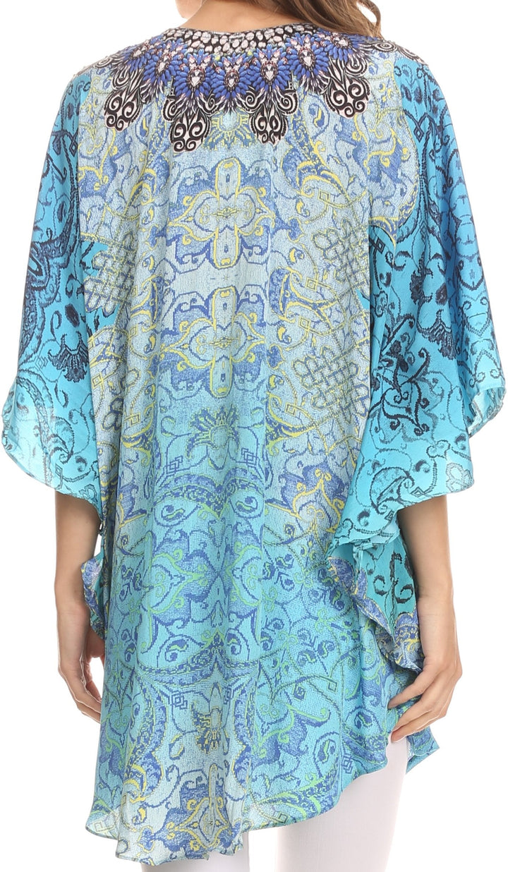 Sakkas Tallulah Wide Circle Blouse V Neck Top With Tassle Ties And Rhinestones