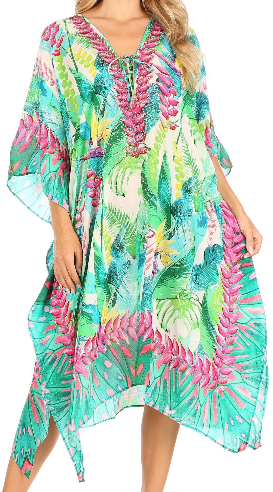 Sakkas Kristy Long Tall Lightweight Caftan Dress / Cover Up With V-Neck Jewels