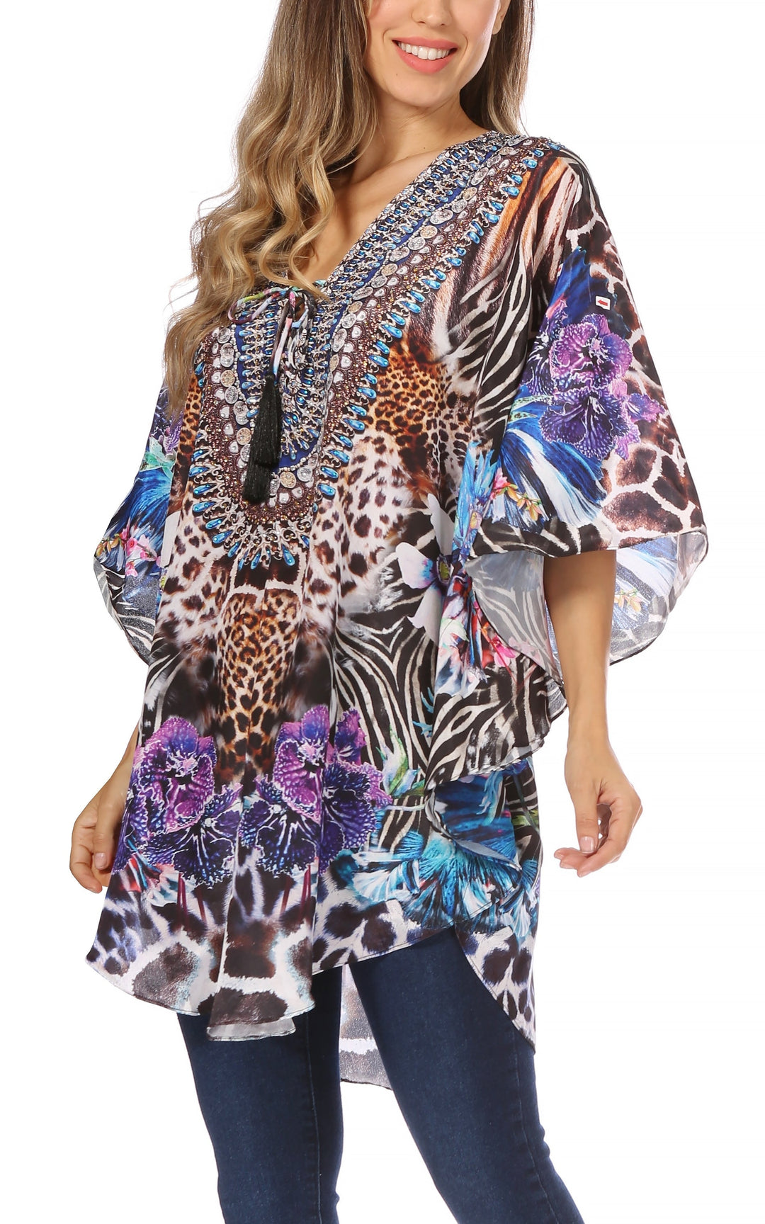 Sakkas Tallulah Wide Circle Blouse V Neck Top With Tassle Ties And Rhinestones
