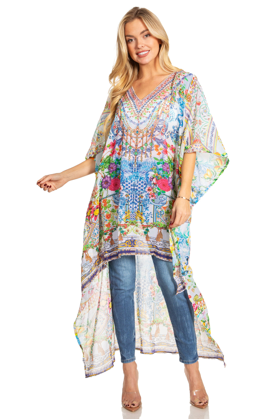 Sakkas Zeke Hi Low V-Neck Caftan Dress Printed Top Cover / Up