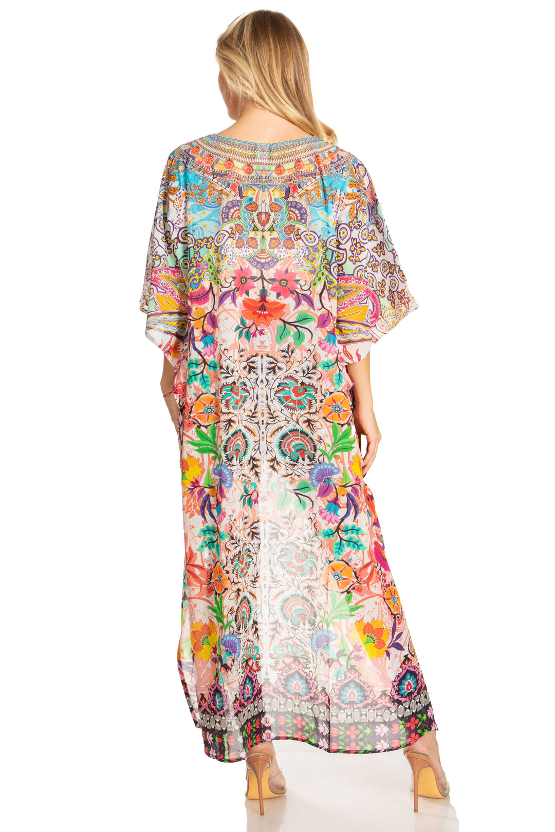 Sakkas Zeke Hi Low V-Neck Caftan Dress Printed Top Cover / Up