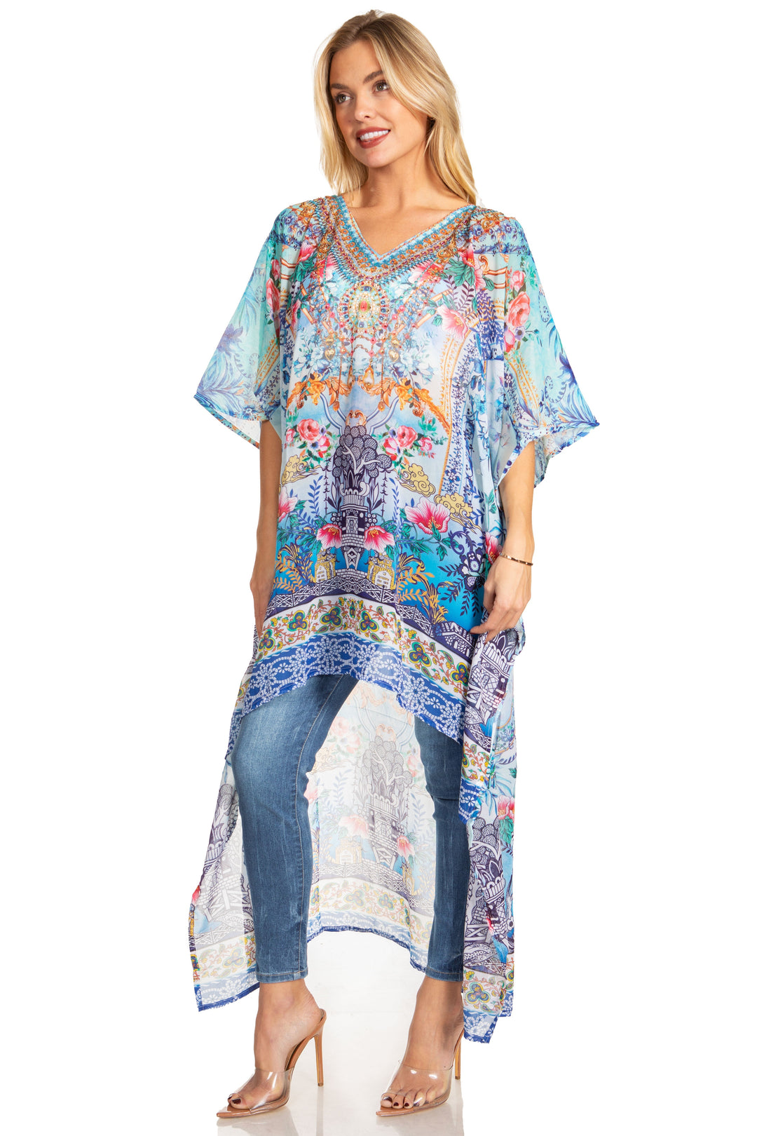 Sakkas Zeke Hi Low V-Neck Caftan Dress Printed Top Cover / Up