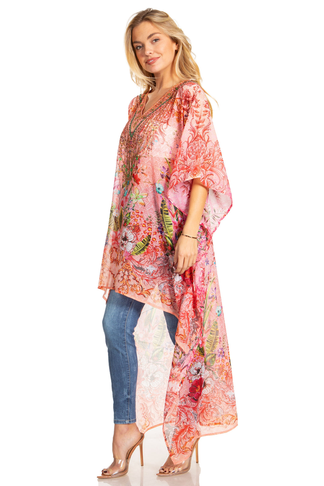 Sakkas Zeke Hi Low V-Neck Caftan Dress Printed Top Cover / Up