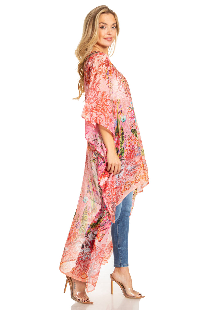 Sakkas Zeke Hi Low V-Neck Caftan Dress Printed Top Cover / Up