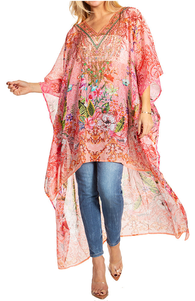 Sakkas Zeke Hi Low V-Neck Caftan Dress Printed Top Cover / Up