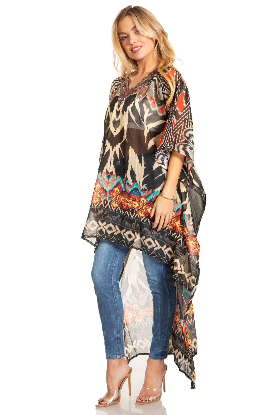 Sakkas Zeke Hi Low V-Neck Caftan Dress Printed Top Cover / Up