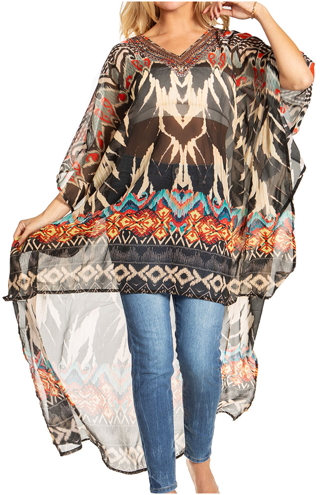 Sakkas Zeke Hi Low V-Neck Caftan Dress Printed Top Cover / Up