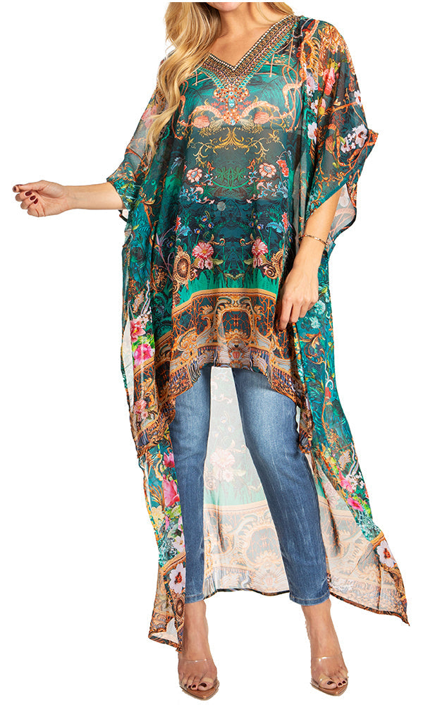 Sakkas Zeke Hi Low V-Neck Caftan Dress Printed Top Cover / Up