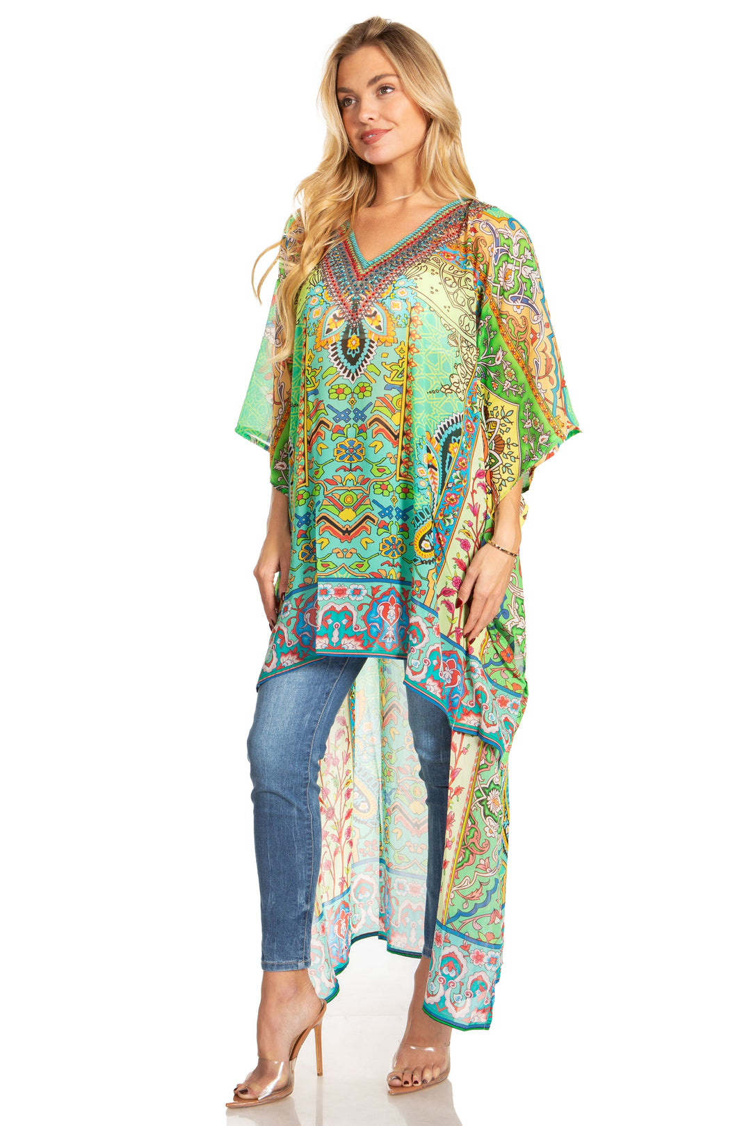 Sakkas Zeke Hi Low V-Neck Caftan Dress Printed Top Cover / Up