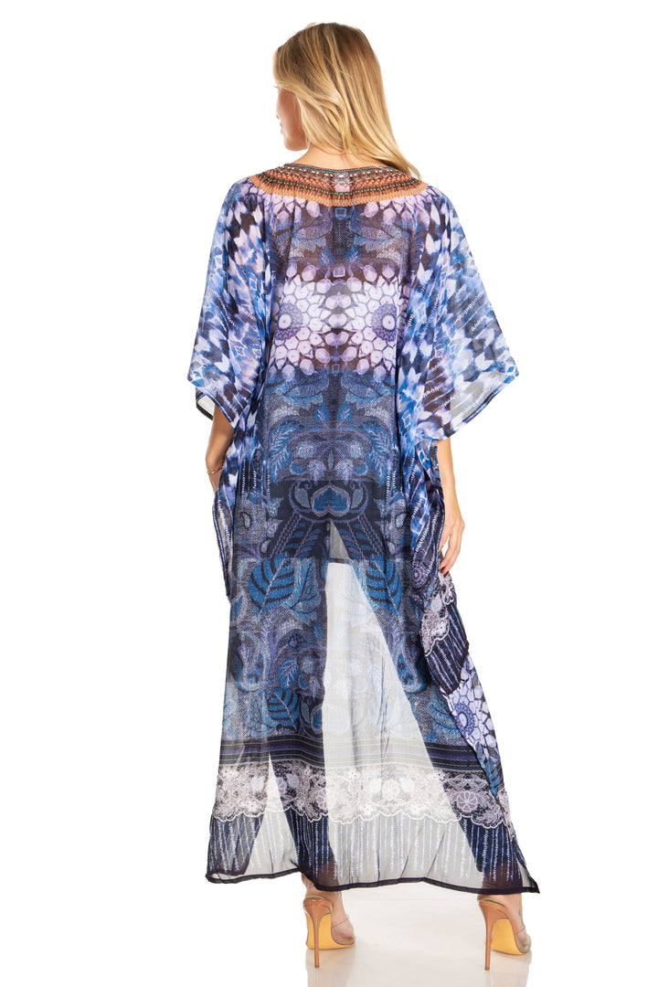 Sakkas Zeke Hi Low V-Neck Caftan Dress Printed Top Cover / Up