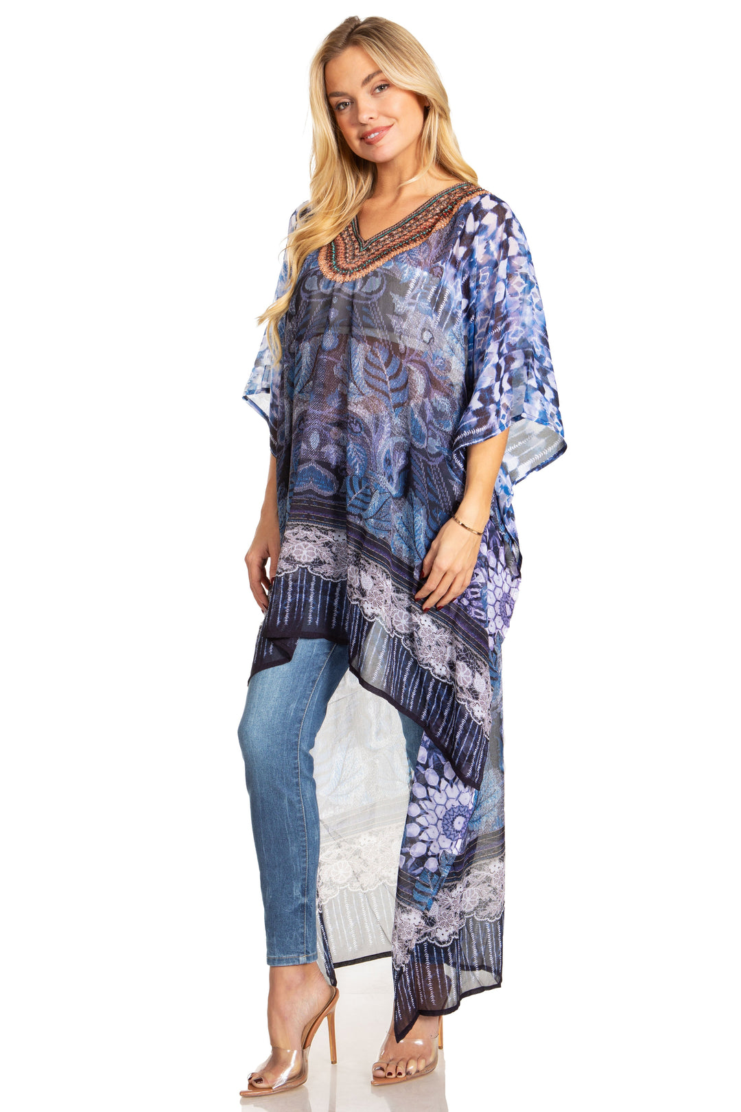 Sakkas Zeke Hi Low V-Neck Caftan Dress Printed Top Cover / Up
